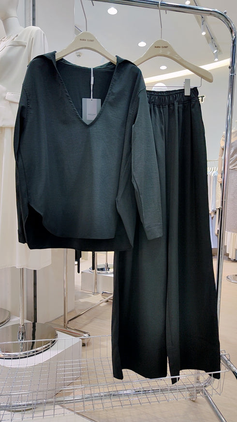 Deep V-Neck Collar Down Pullover with Trousers Sets
